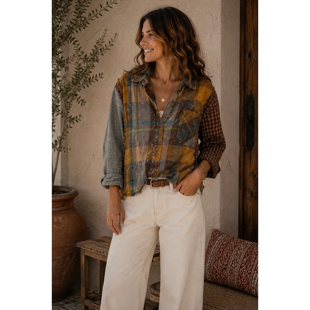 NWT Mystree Mixed Plaid Patchwork Raw Hem Button Down Shirt Earthy Tones